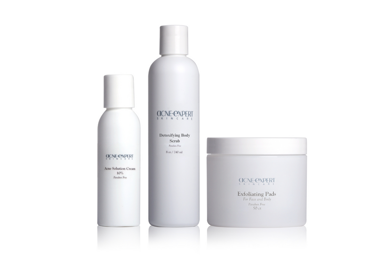 This kit will have your body acne cleared in no time. And if you suffer from hyperpigmentation, this trio is for you.   What it includes:  Detoxifying scrub, acne cream 10%, exfoliating pads.